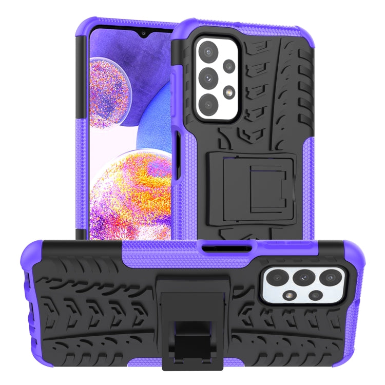 Purple and black shockproof phone case with textured grip, camera cutouts, and holder stand