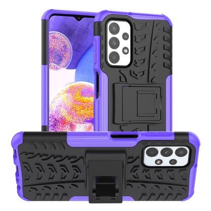 Purple and black shockproof phone case with textured grip, camera cutouts, and holder stand