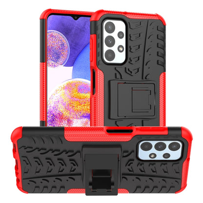 Red and black shockproof phone case with textured grip, camera cutouts, and holder stand