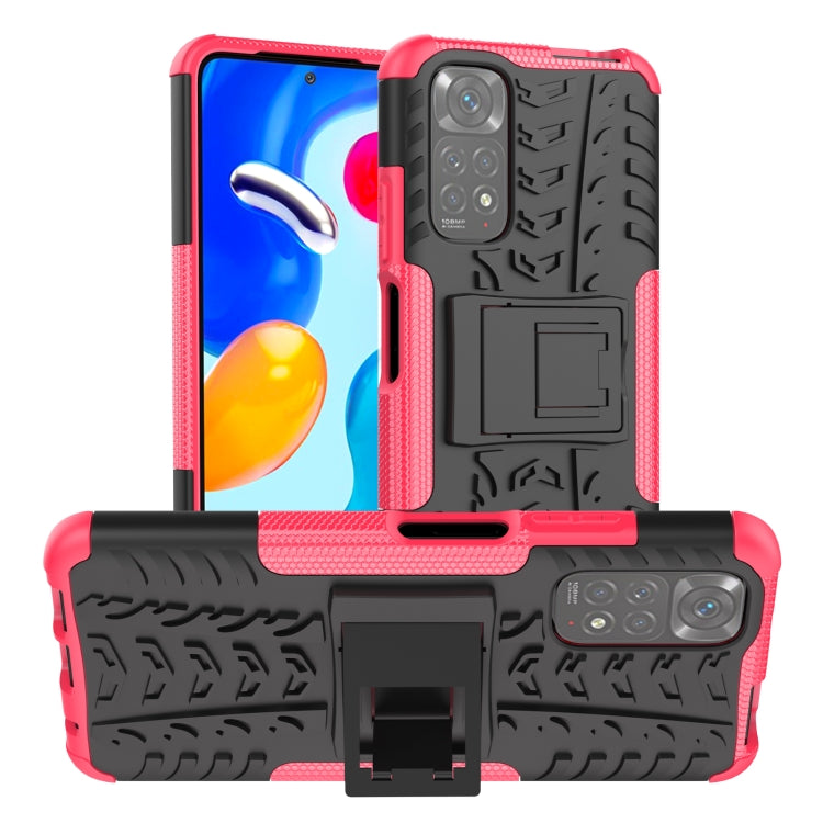 Red and black shockproof phone case with textured grip, camera cutouts, and holder stand