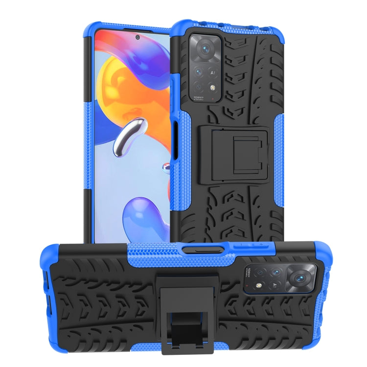Shockproof phone case with holder, blue and black textured shell