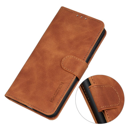 Brown leather folio phone case with textured finish and side button openings