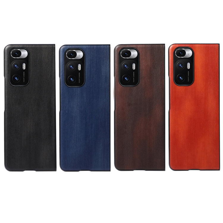 Textured PU phone cases for Xiaomi Mi Mix Fold in black, blue, brown, and red.