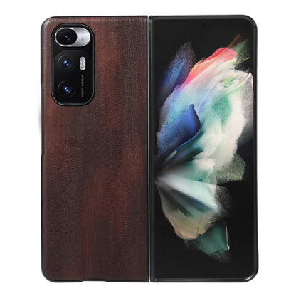 Brown textured PU phone case for Xiaomi Mi Mix Fold, with camera cutouts and raised edges.
