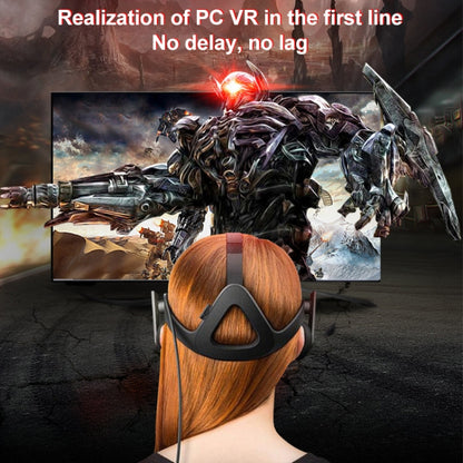 PC VR scene with a USB-A to USB-C elbow cable connecting headset
