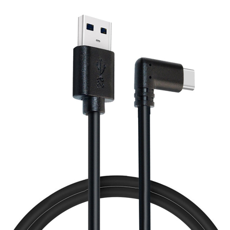 Coiled black USB-A male to USB-C elbow cable with two connectors