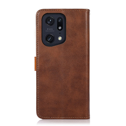 Brown cowhide-texture flip leather phone case with camera cutout and stitched edges