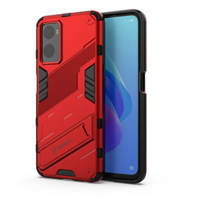Red rugged phone case with holder and raised lip, protective edges and camera opening