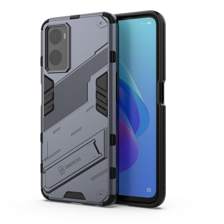 Gray rugged phone case with built-in holder stand and camera cutout
