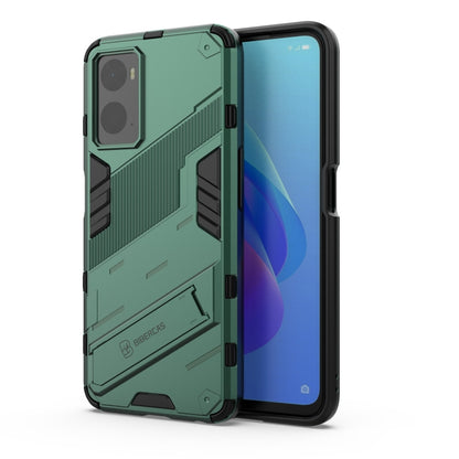 Green rugged phone case with holder stand, shockproof-looking armor panels