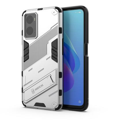 White rugged phone case with holder, protective border, and camera opening