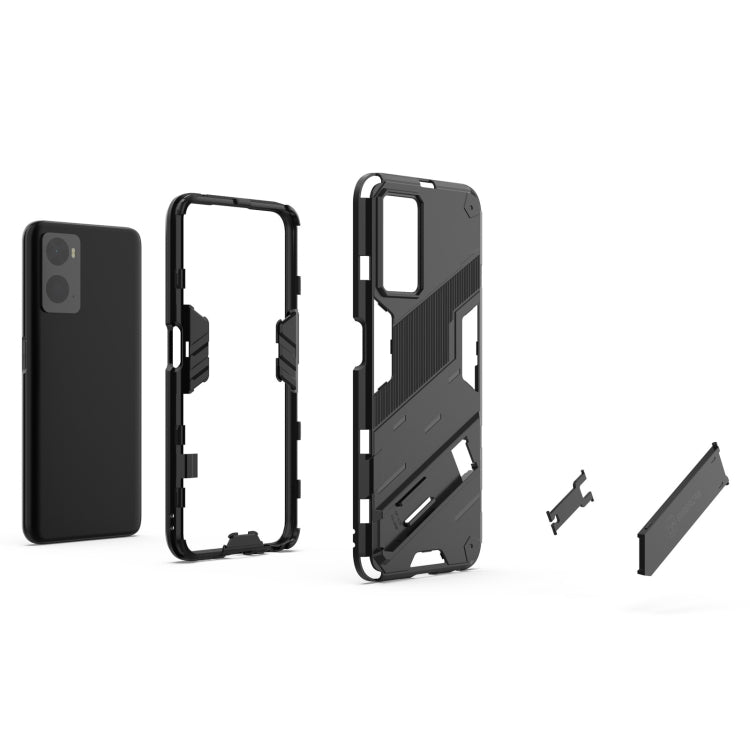Rugged black phone case with holder, shown with frame and back pieces