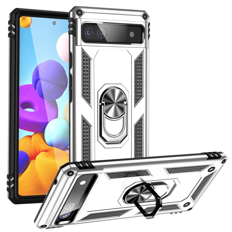 Silver shockproof protective phone case with raised camera cover and rotating ring holder