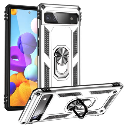 Silver shockproof protective phone case with raised camera cover and rotating ring holder