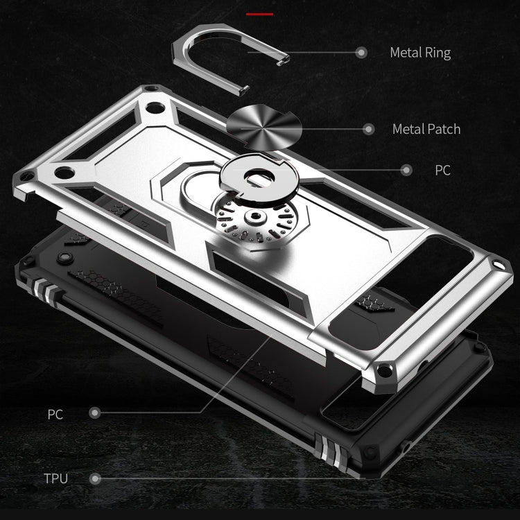 Silver shockproof phone case with metal ring and textured edge grips