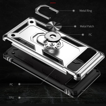 Silver shockproof phone case with metal ring and textured edge grips