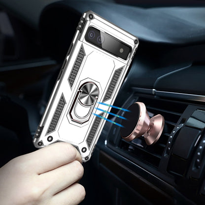 Silver protective phone case with rotating metal ring mount in a car