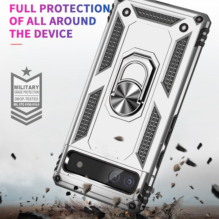 Silver rugged protective phone case with rotating metal ring holder