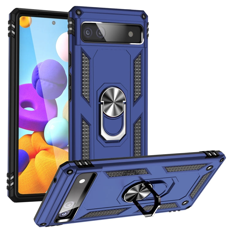 Blue shockproof protective phone case with rotating metal ring holder