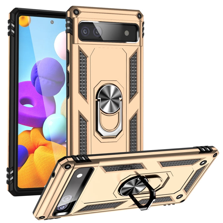 Shockproof phone case for Pixel 6A/7 Pro in gold with rotating kickstand ring holder