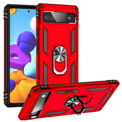 Shockproof phone case for Pixel 6A/7 Pro in red with rotating kickstand ring holder