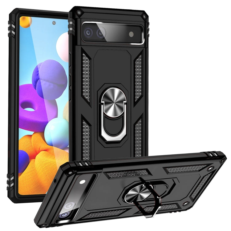 Shockproof phone case for Pixel 6A/7 Pro in black with rotating kickstand ring holder