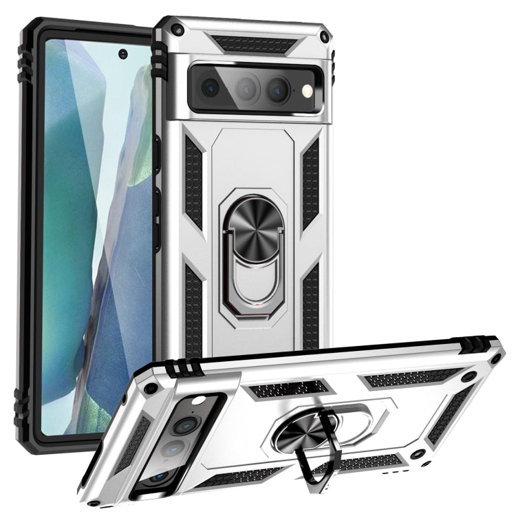 Shockproof phone case for Pixel 6A/7 Pro in white with rotating kickstand ring holder