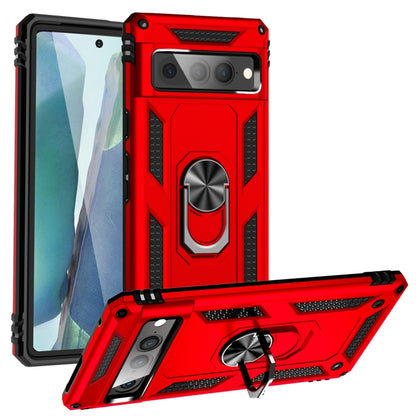 Shockproof phone case for Pixel 6A/7 Pro in red with rotating kickstand ring holder