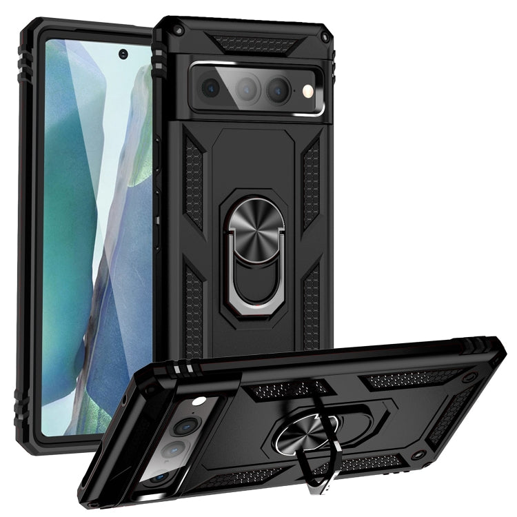 Shockproof phone case for Pixel 6A/7 Pro in black with rotating kickstand ring holder