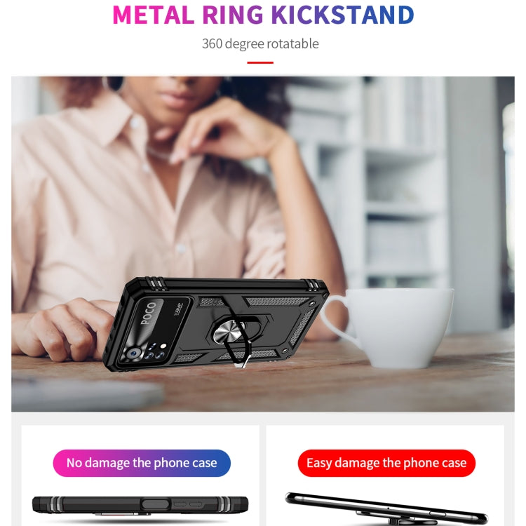 Black phone case with adjustable metal ring kickstand showing 360-degree rotation