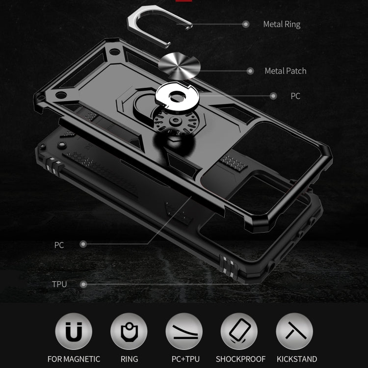 Black phone case with metal ring, TPU and PC construction details