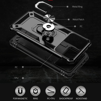Black phone case with metal ring, TPU and PC construction details
