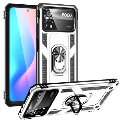 Shockproof phone case with 360° rotating kickstand ring, rugged silver and dark accents