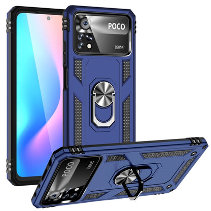 Blue phone case with rotating metal ring kickstand, shockproof TPU/PC style cover