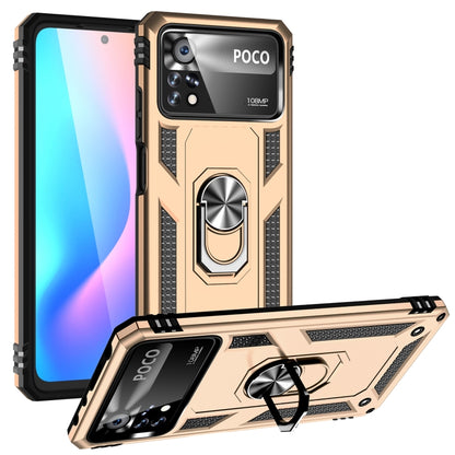 Gold phone case with rotating metal ring kickstand, raised rugged corner protection
