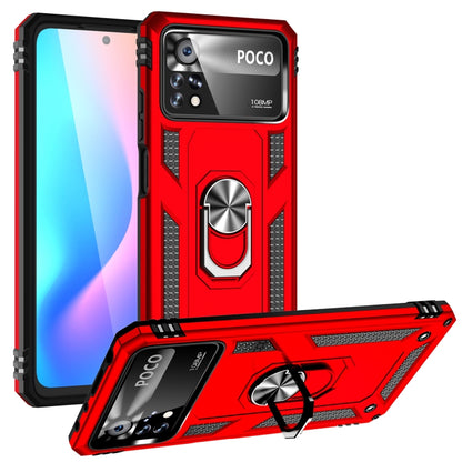 Red phone case with rotating metal ring kickstand and rugged drop-ready edges