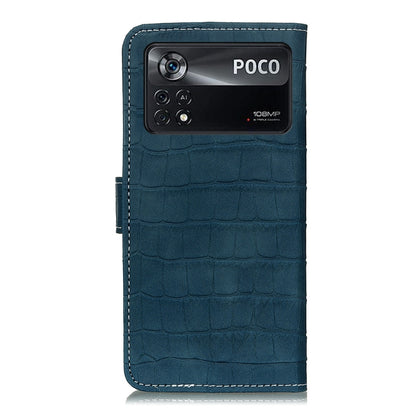 Blue crocodile-texture leather phone case with camera cutout, showing phone back
