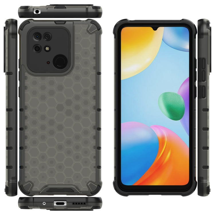 Shockproof phone case in black with honeycomb pattern, rear camera cutout and screen lip