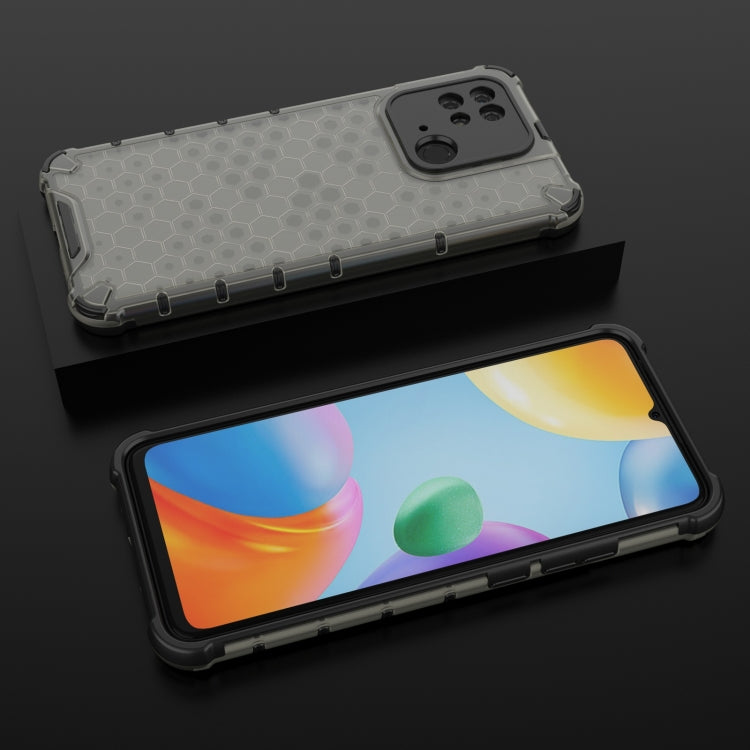 Shockproof phone case in light gray with honeycomb pattern, front and back coverage