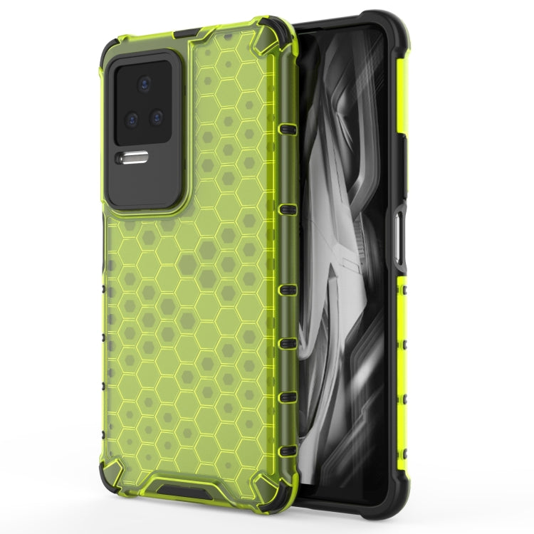 Shockproof phone case in lime green with honeycomb pattern, raised edges and camera cutout