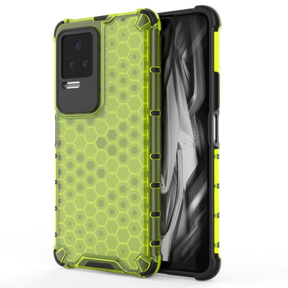 Shockproof phone case in lime green with honeycomb pattern, raised edges and camera cutout