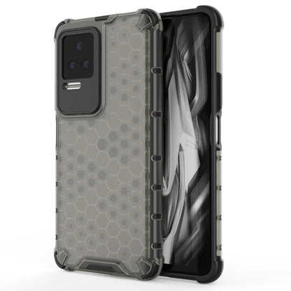 Shockproof phone case in gray with honeycomb pattern and protective bumper corners