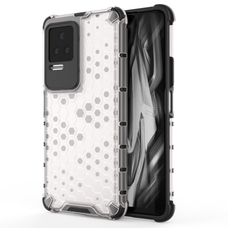 Shockproof phone case in white with honeycomb pattern, raised corners and camera bezel