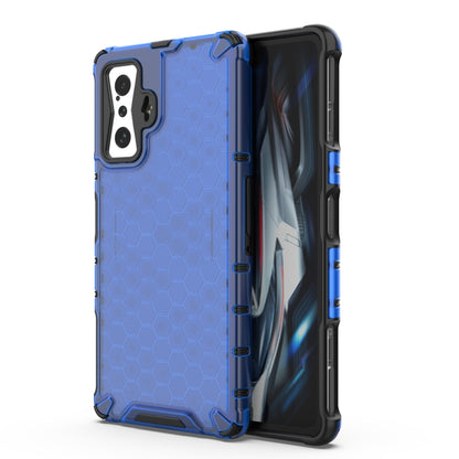 Shockproof honeycomb phone case with TPU bumper, blue with black accents, camera cutouts
