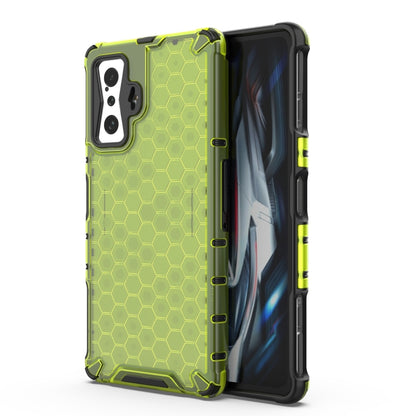 Shockproof honeycomb phone case with TPU bumper, lime green with black accents, camera cutouts