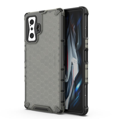 Shockproof honeycomb phone case with TPU bumper, gray with black accents, camera cutouts