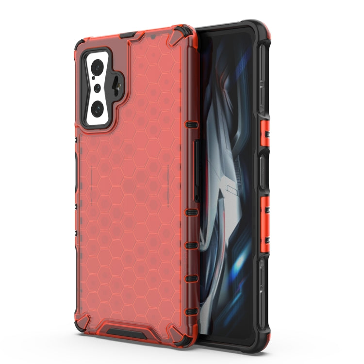 Shockproof honeycomb phone case with TPU bumper, red with black accents, camera cutouts