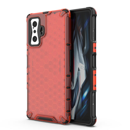 Shockproof honeycomb phone case with TPU bumper, red with black accents, camera cutouts
