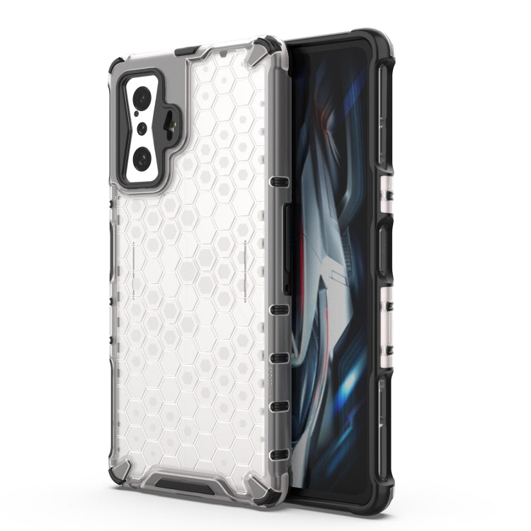 Shockproof honeycomb phone case with TPU bumper, white with black accents, camera cutouts