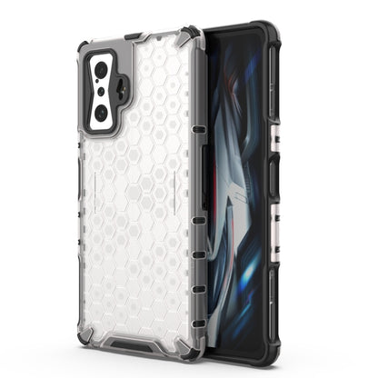Shockproof honeycomb phone case with TPU bumper, white with black accents, camera cutouts